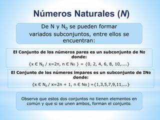Números Naturales (N) 
De N y N0 se pueden formar 
variados subconjuntos, entre ellos se 
encuentran: 
El Conjunto de los números pares es un subconjunto de N0 
donde: 
{x Є N0 / x=2n, n Є N0 } = {0, 2, 4, 6, 8, 10,....} 
El Conjunto de los números impares es un subconjunto de IN0 
donde: 
{x Є N0 / x=2n + 1, n Є No } ={1,3,5,7,9,11,...} 
Observa que estos dos conjuntos no tienen elementos en 
común y que si se unen ambos, forman el conjunto. 
 