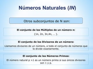 Números Naturales (IN) 
Otros subconjuntos de N son: 
El conjunto de los Múltiplos de un número n: 
{1n, 2n, 3n,4n, … }. 
El conjunto de los Divisores de un número: 
Llamamos divisores de un número, a todo el conjunto de números que 
lo divide exactamente. 
El conjunto de los Números Primos: 
El número natural p >1 es un número primo si sus únicos divisores 
son 1 y p. 
 