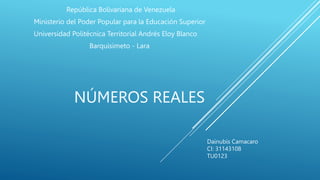 NÚMEROS REALES
República Bolivariana de Venezuela
Ministerio del Poder Popular para la Educación Superior
Universidad Politécnica Territorial Andrés Eloy Blanco
Barquisimeto - Lara
Dainubis Camacaro
CI: 31143108
TU0123
 