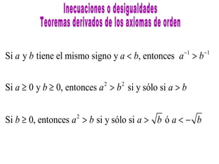 −1

Si a y b tiene el mismo signo y a < b, entonces a > b
Si a ≥ 0 y b ≥ 0, entonces a > b si y sólo si a > b
2

2

Si b ≥ 0, entonces a > b si y sólo si a > b ó a < − b
2

−1

 