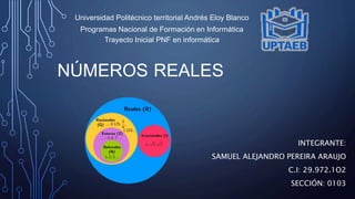 NÚMEROS REALES
Universidad Politécnico territorial Andrés Eloy Blanco
Programas Nacional de Formación en Informática
Traye...