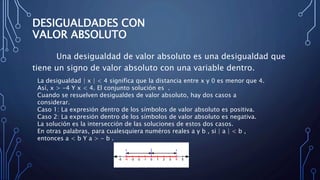 DESIGUALDADES CON
VALOR ABSOLUTO
Una desigualdad de valor absoluto es una desigualdad que
tiene un signo de valor absoluto...