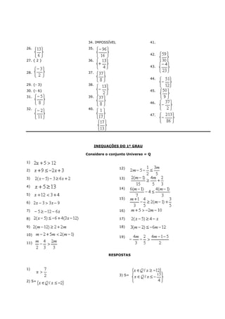 34. IMPOSSÍVEL                 41.
26.          35.
                                            42.
27. { 2 }    36.
                                            43.
28.          37.
                                            44.
29. {- 3}    38.
30. {- 6}                                   45.
31.          39.
                                            46.
32.          40.
                                            47.




                   INEQUAÇÕES DO 1º GRAU

            Considere o conjunto Universo = Q

1)
                              12)
2)

3)                            13)

4)
                              14)
5)
                              15)
6)

7)                            16)

8)                            17)

9)                            18)

10)
                              19)
11)


                         RESPOSTAS



1)
                              3) S=
2) S=
 