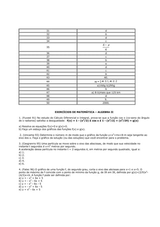 31                                              d
                      32                                              b
                      33                                              d
                      34                                              c

                      35

                      36                                              d
                      37                                              c
                      38                                              b
                      39                                              e
                      40                                              d
                      41                                              c
                      42                                              b
                      43                                             40.
                      44
                      45                                        a)160g b)295g
                      46                                              b
                      47                                   a) B b)mais que 125 km
                      48                                              d
                      49                                             9.
                      50                                            2000.


                             EXERCÍCIOS DE MATEMÁTICA – ALGEBRA II

1. (Fuvest 91) No estudo do Cálculo Diferencial e Integral, prova-se que a função cos x (co-seno do ângulo
de x radianos) satisfaz a desigualdade: f(x) = 1 - (x2/2) £ cos x £ 1 - (x2/2) + (x4/24) = g(x)

a) Resolva as equações f(x)=0 e g(x)=0.
b) Faça um esboço dos gráficos das funções f(x) e g(x).

 2. (Unicamp 93) Determine o número m de modo que o gráfico da função y=x2+mx+8-m seja tangente ao
eixo dos x. Faça o gráfico da solução (ou das soluções) que você encontrar para o problema.

3. (Cesgranrio 95) Uma partícula se move sobre o eixo das abscissas, de modo que sua velocidade no
instante t segundos é v=t2 metros por segundo.
A aceleração dessa partícula no instante t = 2 segundos é, em metros por segundo quadrado, igual a:
a) 1.
b) 2.
c) 3.
d) 4.
e) 6.

4. (Fatec 96) O gráfico de uma função f, do segundo grau, corta o eixo das abcissas para x=1 e x=5. O
ponto de máximo de f coincide com o ponto de mínimo da função g, de IR em IR, definida por g(x)=(2/9)x2-
(4/3)x+6. A função f pode ser definida por:
a) y = - x2 + 6x + 5
b) y = - x2 - 6x + 5
c) y = - x2 - 6x - 5
d) y = - x2 + 6x - 5
e) y = x2 - 6x + 5
 