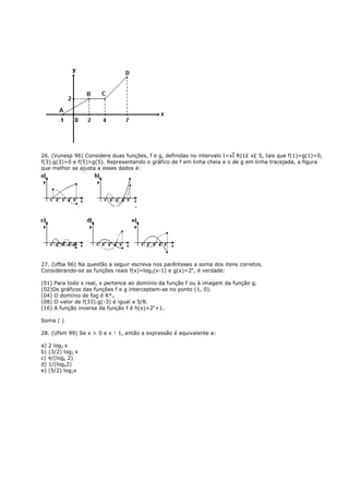 26. (Vunesp 96) Considere duas funções, f e g, definidas no intervalo I=xÎ R|1£ x£ 5, tais que f(1)=g(1)=0,
f(3).g(3)=0 e f(5)>g(5). Representando o gráfico de f em linha cheia e o de g em linha tracejada, a figura
que melhor se ajusta a esses dados é:




27. (Ufba 96) Na questão a seguir escreva nos parênteses a soma dos itens corretos.
Considerando-se as funções reais f(x)=log2(x-1) e g(x)=2x, é verdade:

(01) Para todo x real, x pertence ao domínio da função f ou à imagem da função g.
(02)Os gráficos das funções f e g interceptam-se no ponto (1, 0).
(04) O domínio de fog é R*+
(08) O valor de f(33).g(-3) é igual a 5/8.
(16) A função inversa da função f é h(x)=2x+1.

Soma ( )

28. (Ufsm 99) Se x > 0 e x ¹ 1, então a expressão é equivalente a:

a) 2 log2 x
b) (3/2) log2 x
c) 4/(logx 2)
d) 1/(logx2)
e) (5/2) log2x
 