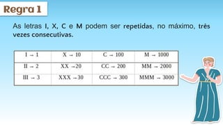 As letras I, X, C e M podem ser repetidas, no máximo, três
vezes consecutivas.
Regra 1
 