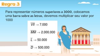 Regra 3
Para representar números superiores a 3000, colocamos
uma barra sobre as letras, devemos multiplicar seu valor por
1000
 
