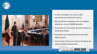 • 15 foros nacionales con más de 1,000
representantes de distintos sectores.
• Más de 200 foros estatales en las 32 entidades
federativas, con casi 50,000 asistentes.
• Discusiones en los Consejos Técnicos Escolares de
la Educación Básica.
• Discusiones en las Academias de la educación
media superior.
• Una consulta en línea con más de 1.8 millones de
visitas y 50,000 participaciones.
 