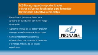 IV.6 Becas, segundas oportunidades
y otros esfuerzos focalizados para fomentar
trayectorias educativas completas
• Consolidar el sistema de becas para
apoyar a los estudiantes con mayor riesgo
de desertar.
• Agilizar la entrega de las becas y procurar
una oportuna dispersión de los recursos.
• Combatir los factores escolares y
extraescolares que provocan la deserción
y el rezago, más allá de las causas
económicas.
 