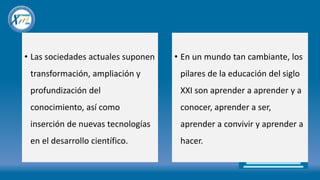 • Las sociedades actuales suponen
transformación, ampliación y
profundización del
conocimiento, así como
inserción de nuevas tecnologías
en el desarrollo científico.
• En un mundo tan cambiante, los
pilares de la educación del siglo
XXI son aprender a aprender y a
conocer, aprender a ser,
aprender a convivir y aprender a
hacer.
 