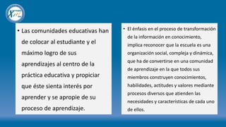 • Las comunidades educativas han
de colocar al estudiante y el
máximo logro de sus
aprendizajes al centro de la
práctica educativa y propiciar
que éste sienta interés por
aprender y se apropie de su
proceso de aprendizaje.
• El énfasis en el proceso de transformación
de la información en conocimiento,
implica reconocer que la escuela es una
organización social, compleja y dinámica,
que ha de convertirse en una comunidad
de aprendizaje en la que todos sus
miembros construyen conocimientos,
habilidades, actitudes y valores mediante
procesos diversos que atienden las
necesidades y características de cada uno
de ellos.
 