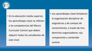• En la educación media superior,
los aprendizajes clave se refieren
a las competencias del Marco
Curricular Común que deben
adquirir todos los estudiantes de
este nivel.
• Los aprendizajes clave fortalecen
la organización disciplinar de
asignaturas y de campos de
conocimiento, a través de tres
dominios organizadores: eje,
componente y contenido
central.
 