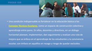 • Una condición indispensable es fortalecer en la educación básica a los
Consejos Técnicos Escolares, como un espacio de construcción colectiva y
aprendizaje entre pares. En ellos, docentes y directivos, en un diálogo
horizontal planean, implementan, dan seguimiento y evalúan una ruta de
mejora que se enfoca en el aprendizaje de los estudiantes y la convivencia
escolar, con énfasis en aquéllos en rezago y riesgo de quedar excluidos.
 