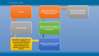 Supervisor
Líder pedagógico
Capacidades de supervisión con
una directriz pedagógica y una
retroalimentación específica,
para que de ellas deriven
recomendaciones para la
práctica en el aula y en las
escuelas.
Identificar necesidades de apoyo
y asistencia a las escuelas.
Elaborar un plan de trabajo que
dé respuesta a las necesidades o
problemáticas
Apoyar a las escuelas en el
establecimiento de un sistema
de alerta temprana
Requerir a las autoridades
asistencia técnica para las
escuelas que lo necesiten.
 