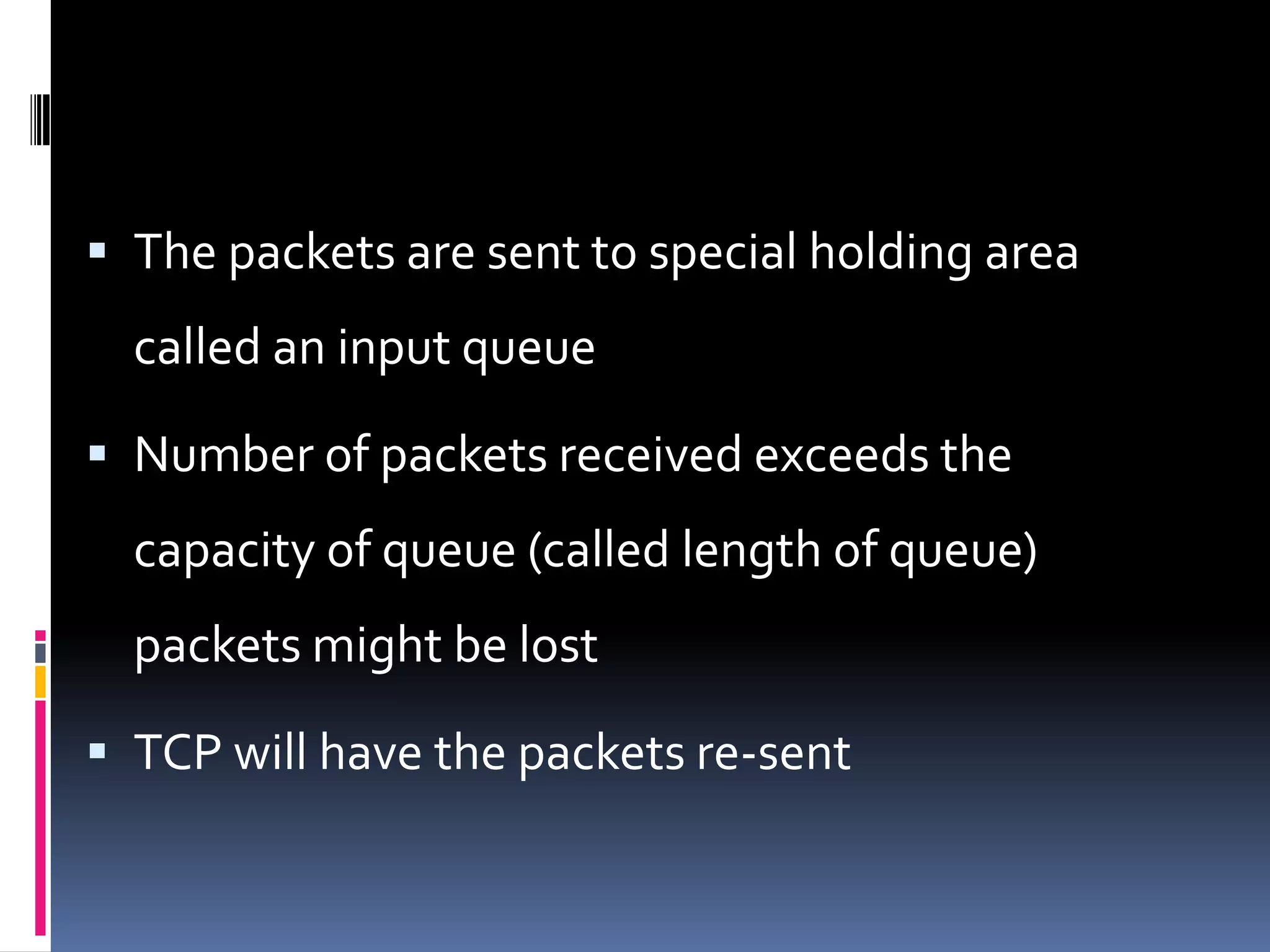 The packets are sent to special holding area
called an input queue
 Number of packets received exceeds the
capacity of queue (called length of queue)
packets might be lost
 TCP will have the packets re-sent
 