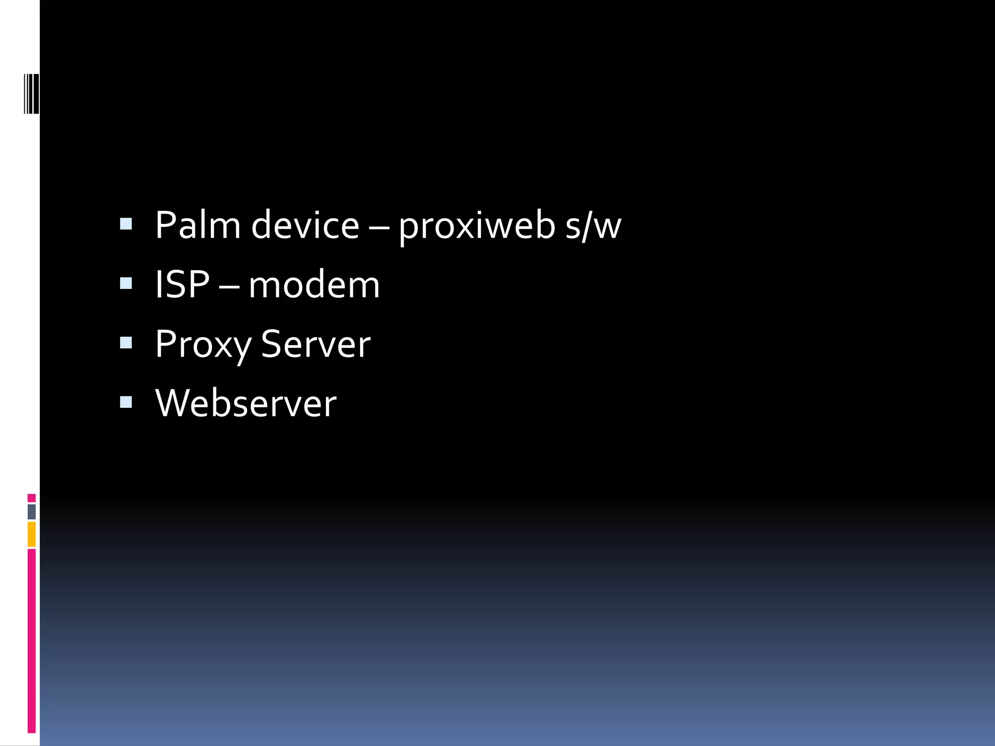  Palm device – proxiweb s/w
 ISP – modem
 Proxy Server
 Webserver
 