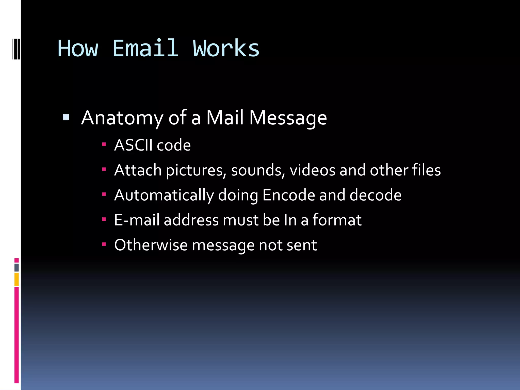 How Email Works
 Anatomy of a Mail Message
 ASCII code
 Attach pictures, sounds, videos and other files
 Automatically doing Encode and decode
 E-mail address must be In a format
 Otherwise message not sent
 