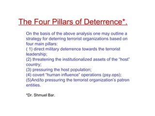 On the basis of the above analysis one may outline a
strategy for deterring terrorist organizations based on
four main pillars:
( 1) direct military deterrence towards the terrorist
leadership;
(2) threatening the institutionalized assets of the “host”
country;
(3) pressuring the host population;
(4) covert “human influence” operations (psy.ops);
(5)And/to pressuring the terrorist organization’s patron
entities.
*Dr. Shmuel Bar.
The Four Pillars of Deterrence*.
 