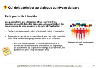 35
Qui doit participer au dialogue au niveau du pays
Participants clés à identifier :
Les populations qui utiliseront et/ou fourniront les
services de santé dans les processus de planification des
programmes, la mise en œuvre, le suivi et l'évaluation :
• Parties prenantes nationales et internationales concernées
• Populations clés et personnes vivant avec les trois maladies
dans l'élaboration des programmes et le suivi ordinaire
– Assurer la couverture, la qualité et l'utilisation à
travers la continuité de la prévention, du dépistage,
du traitement, de la prise en charge et du soutien, en
particuliers pour les populations clés
3
Dialogue inclusif au niveau du
pays
 