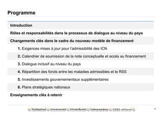 4
Introduction
Rôles et responsabilités dans le processus de dialogue au niveau du pays
Changements clés dans le cadre du nouveau modèle de financement
1. Exigences mises à jour pour l’admissibilité des ICN
2. Calendrier de soumission de la note conceptuelle et accès au financement
3. Dialogue inclusif au niveau du pays
4. Répartition des fonds entre les maladies admissibles et le RSS
5. Investissements gouvernementaux supplémentaires
6. Plans stratégiques nationaux
Enseignements clés à retenir
Programme
 