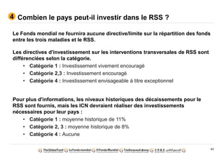 43
Le Fonds mondial ne fournira aucune directive/limite sur la répartition des fonds
entre les trois maladies et le RSS.
Les directives d'investissement sur les interventions transversales de RSS sont
différenciées selon la catégorie.
• Catégorie 1 : Investissement vivement encouragé
• Catégorie 2,3 : Investissement encouragé
• Catégorie 4 : Investissement envisageable à titre exceptionnel
Pour plus d'informations, les niveaux historiques des décaissements pour le
RSS sont fournis, mais les ICN devraient réaliser des investissements
nécessaires pour leur pays :
• Catégorie 1 : moyenne historique de 11%
• Catégorie 2, 3 : moyenne historique de 8%
• Catégorie 4 : Aucune
Combien le pays peut-il investir dans le RSS ?4
 