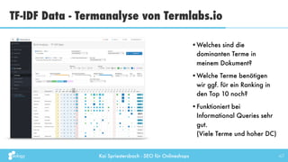 Kai Spriestersbach - SEO für Onlineshops 47
•Welches sind die
dominanten Terme in
meinem Dokument?
•Welche Terme benötigen...