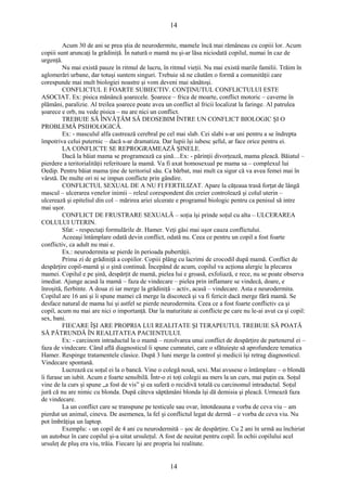 14 
Acum 30 de ani se prea ştia de neurodermite, mamele încă mai rămâneau cu copiii lor. Acum 
copiii sunt aruncaţi la grădiniţă. În natură o mamă nu şi-ar lăsa niciodată copilul, numai în caz de 
urgenţă. 
Nu mai există pauze în ritmul de lucru, în ritmul vieţii. Nu mai există marile familii. Trăim în 
aglomerări urbane, dar totuşi suntem singuri. Trebuie să ne căutăm o formă a comunităţii care 
corespunde mai mult biologiei noastre şi vom deveni mai sănătoşi. 
CONFLICTUL E FOARTE SUBIECTIV. CONŢINUTUL CONFLICTULUI ESTE 
ASOCIAT. Ex: pisica mănâncă şoarecele. Şoarece – frica de moarte, conflict motoric – caverne în 
plămâni, paralizie. Al treilea şoarece poate avea un conflict al fricii localizat la faringe. Al patrulea 
şoarece e orb, nu vede pisica – nu are nici un conflict. 
TREBUIE SĂ ÎNVĂŢĂM SĂ DEOSEBIM ÎNTRE UN CONFLICT BIOLOGIC ŞI O 
PROBLEMĂ PSIHOLOGICĂ. 
Ex: - masculul alfa castrează cerebral pe cel mai slab. Cei slabi s-ar uni pentru a se îndrepta 
împotriva celui puternic – dacă s-ar dramatiza. Dar lupii îşi iubesc şeful, ar face orice pentru ei. 
LA CONFLICTE SE REPROGRAMEAZĂ ŞINELE. 
Dacă la băiat mama se programează ca şină…Ex: - părinţii divorţează, mama pleacă. Băiatul – 
pierdere a teritorialităţii referitoare la mamă. Va fi axat homosexual pe mama sa – complexul lui 
Oedip. Pentru băiat mama ţine de teritoriul său. Ca bărbat, mai mult ca sigur că va avea femei mai în 
vârstă. De multe ori ni se impun conflicte prin gândire. 
CONFLICTUL SEXUAL DE A NU FI FERTILIZAT. Apare la căţeaua trasă forţat de lângă 
mascul – ulcerarea venelor inimii – releul corespondent din creier controlează şi colul uterin – 
ulcerează şi epiteliul din col – mărirea ariei ulcerate e programul biologic pentru ca penisul să intre 
mai uşor. CONFLICT DE FRUSTRARE SEXUALĂ – soţia îşi prinde soţul cu alta – ULCERAREA 
COLULUI UTERIN. 
Sfat: - respectaţi formulările dr. Hamer. Veţi găsi mai uşor cauza conflictului. 
Aceeaşi întâmplare odată devin conflict, odată nu. Ceea ce pentru un copil a fost foarte 
conflictiv, ca adult nu mai e. 
Ex.: neurodermita se pierde în perioada pubertăţii. 
Prima zi de grădiniţă a copiilor. Copiii plâng cu lacrimi de crocodil după mamă. Conflict de 
despărţire copil-mamă şi o şină continuă. Începând de acum, copilul va acţiona alergic la plecarea 
mamei. Copilul e pe şină, despărţit de mamă, pielea lui e groasă, exfoliază, e rece, nu se poate observa 
imediat. Ajunge acasă la mamă – faza de vindecare – pielea prin inflamare se vindecă, doare, e 
înroşită, fierbinte. A doua zi iar merge la grădiniţă – activ, acasă – vindecare. Asta e neurodermita. 
Copilul are 16 ani şi îi spune mamei că merge la discotecă şi va fi fericit dacă merge fără mamă. Se 
desface natural de mama lui şi astfel se pierde neurodermita. Ceea ce a fost foarte conflictiv ca şi 
copil, acum nu mai are nici o importanţă. Dar la maturitate ai conflicte pe care nu le-ai avut ca şi copil: 
sex, bani. 
FIECARE ÎŞI ARE PROPRIA LUI REALITATE ŞI TERAPEUTUL TREBUIE SĂ POATĂ 
SĂ PĂTRUNDĂ ÎN REALITATEA PACIENTULUI. 
Ex: - carcinom intraductal la o mamă – rezolvarea unui conflict de despărţire de partenerul ei – 
faza de vindecare. Când află diagnosticul îi spune cumnatei, care o sfătuieşte să aprofundeze tematica 
Hamer. Respinge tratamentele clasice. După 3 luni merge la control şi medicii îşi retrag diagnosticul. 
Vindecare spontană. 
Lucrează cu soţul ei la o bancă. Vine o colegă nouă, sexi. Mai avusese o întâmplare – o blondă 
îi furase un iubit. Acum e foarte sensibilă. Într-o zi toţi colegii au mers la un curs, mai puţin ea. Soţul 
vine de la curs şi spune „a fost de vis” şi ea suferă o recidivă totală cu carcinomul intraductal. Soţul 
jură că nu are nimic cu blonda. După câteva săptămâni blonda îşi dă demisia şi pleacă. Urmează faza 
de vindecare. 
La un conflict care se transpune pe testicule sau ovar, întotdeauna e vorba de ceva viu – am 
pierdut un animal, cineva. De asemenea, la fel şi conflictul legat de dermă – e vorba de ceva viu. Nu 
pot îmbrăţişa un laptop. 
Exemplu: - un copil de 4 ani cu neurodermită – şoc de despărţire. Cu 2 ani în urmă au închiriat 
un autobuz în care copilul şi-a uitat ursuleţul. A fost de neuitat pentru copil. În ochii copilului acel 
ursuleţ de pluş era viu, trăia. Fiecare îşi are propria lui realitate. 
14 
 