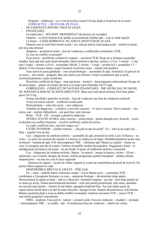 37 
Program – strămoşul – ce a vrut să rezolve natura? Era pe plajă şi în pericol să se usuce. 
CONFLICTUL: - DE FUGAR, PE FUGĂ 
- DE EXISTENŢĂ PENTRU TRUP ŞI VIAŢĂ 
- FINANCIARĂ. 
La copiii mici: - MĂ SIMT ABANDONAT (de bunică, de exemplu). 
Oameni: - cu frică instintivă de spitale şi acumulează imediat apă – a nu se simţi îngrijit. 
La femei: - CÂND BĂRBATUL NU ADUCE DESTUI BANI ACASĂ. 
Oameni care se simt bine numai acasă – ies, sunt pe şină şi când ajung acasă – toaletă şi atunci 
pot să-şi dea drumul. 
Simptom – proteină în urină – faza de vindecare a conflictului existenţial a TCR. 
Ce este un conflict existenţial? 
Faza activă – proliferare celulară în creştere – carcinom TCR. Încep să se formeze acumulări 
imediat, bem apă mai mult decât eliminăm. Dacă rinichiul e deschis, urinezi 1,5 l/zi. 1 rinichi – 1 etaj 
(are 3 etaje) – urinăm 1,4 l/zi – acumulăm 100 ml. 2 rinichi – 3 etaje – urinăm 0,4 l, acumulăm 1 l – 
dializă. Urina miroase intens, corpul încearcă să elimine urina – situaţii intermediare. 
Faza activă la ţesut glandular – este sensul biologic – acumulare de apă. Animalul e în pericol să 
se usuce – sete multă – program. Bea mai mult şi nu elimină. Corpul acumulează apă şi urină, 
reciclează proteine, creşte creatinina. 
Rezolvăm conflictul de fugar – stop carcinom – bacterii – descompunere tuberculoasă. Începe să 
fie descompus – putem să urinăm din nou şi în timp scurt eliminăm 10-15 l apă. 
CORPOLENŢI – CONFLICT DE NATURĂ FINANCIARĂ – ÎMI AJUNG SAU NU BANII, 
NU MĂNÂNCĂ DAR NU SCAD ÎN GREUTATE. Beau mai mult decât elimină. Post bine plătit – 
pierd 10-15 kg. 
Forma calcifiată a pietrelor la rinichi – faza de vindecare sau faza de vindecare continuă. 
Avem tot mereu calculi – conflictul recidivează. 
Particularitate: - relee din creier – nerv abducent. 
Tabelele de diagnostic – a dinţilor, a nervilor cranieni – 13 nervi cranieni. Nervi cranieni – văz, 
miros, auz – analiza îmbucăturii – are gust bun, cum miroase. 
Relee – TCR – FH – se naşte o paralizie abducent. 
OCHIUL O IA ÎN AFARĂ, către exterior: - ochiul drept – partea dreaptă activ focarele – avem 
în derulare un conflict financiar – rezolvă conflictul, ochiul îşi revine. 
La copil, conflictul este „mă simt singur cuc”. 
CĂTRE INTERIOR – conflict motoric – „Nu pot să mă uit acolo”. Ex: - foto la un copil mic – 
blitz – copilul vrea să uite. 
Caz: - diagnostic de sindrom nefrotic – acumulări de apă, proteină în urină. Luni: la bunica – nu 
vroia – s-a prins de scaunul din maşină. La bunica se simţea ca un fugar. Sâmbătă-duminică acasă, luni 
la bunică – retenţia de apă. S-D- descompunere TBC – eliminare apă. Mama cu copilul – mama nu 
vrea. Ca terapeut eşti dat la o parte. Trebuie să modific mediul înconjurător. Angajează o bonă – se 
îndrăgosteşte de bonă şi stă acasă – nu are boală. S spune că sindromul nefrotic e incurabil. 
Caz: - diagnostic de sindrom nefrotic. Mama – la muncă – merge la bunica, vecina – 10 ani – 
spitalizare, scos rinichii, donaţie de rinichi, trebuie programare pentru transplant – rămâne chimic 
simpaticoton – nu mai are voie în faza vagotonă. 
Donarea de organe – nu pot să vindec organul şi comut pe mentalitatea de piesă de rezervă. Nu 
putem folosi organul în viaţă. 
DESPĂRŢIREA BRUTALĂ, URÂTĂ – PĂR ALB. 
Ex: - releu – ambele tuburi colectoare renale – Focar Hamer activ – constelaţia TCR – 
combinaţia a 2 programe biologice cu sens – suprasens biologic – dezorientare timp-spaţiu. 
Dezorientarea în spaţiu şi timp – uită ce a făcut ieri. Animalul originar – pe mal – prin forţe proprii să 
se mişte pe acolo. Natura dezorientează animalul – ochi spre partea posterioară, spre mare, animalul 
nu mai priveşte înainte – încotro să mă târăsc, aşteaptă următorul flux. Are mai multe şanse de 
supravieţuire decât dacă s-ar târî în toate direcţiile. Ajunge în mar, dispare dezorientarea, ochi înainte. 
Balena eşuată pe plajă a avut un dublu conflict existenţial: sindrom carcinom TCR – cancer TCR – 
mai multe programe concomitent. 
NMG – sindrom. Faza activă – tumori – creierul vechi. Faza de vindecare – exudativ: - prostată 
– descompunere TBC – se umflă; - sân – la încheierea fazei de vindecare – mărire de volum. 
37 
 