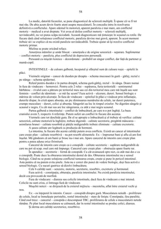 58 
La medic, datorită focarelor, se pune diagnosticul de scleroză multiplă. Îi spune că va fi tot 
mai rău. De abia acum devin foarte atent asupra musculaturii. În concediu intru în rezolvarea 
definitivă a conflictului. Apare edemul în motorică, aparent paralizia e mai mare, am conflictul 
motoric – medicul a avut dreptate. Voi avea al doilea conflict motoric – scleroză multiplă, 
nevindecabil, nu vei putea scăpa niciodată. Această diagnosticare mă ţintuieşte în scaunul cu rotile. De 
fiecare dată când soluţionez conflictul motoric, paralizia devine mai gravă, aparent. În acest moment 
trebuie să i se explice că nu există paralizie nevindecabilă. Trebuie ajutat să îşi rezolve conflictul 
motoric primar. 
Mielina se poate oricând reface. 
Amorţirea mâinilor şi umăr blocat: - amorţeala e de origine senzorică – separare. Suplimentar 
– conflict motoric – paralizia, plus conflictul de depreciere personală. 
Persoană cu mişcări koreice – dezordonate – probabil un singur conflict, dar faţă de partener şi 
mamă-copil. 
INTESTINELE – de culoare galbenă, începutul şi sfârşitul sunt de culoare roşie – epitelii în 
plăci. 
Viermele originar – cancer de duoden pe dreapta – schema mucoasei în gură – gâtlej, rectul e 
pe stânga – schema epidermei. 
Releul pentru duoden e în partea dreaptă, schema gură-gâtlej, rectul – în sânga. Doare numai 
în faza de vindecare – hemoroizi. Pentru cele 2 relee – supărarea, furia teritorială – sentimentul 
bărbătesc – rivalul care a pătruns pe teritoriul meu sau cei din teritoriul meu care mă înşală sau sunt 
feminin – conflict de identitate – ce mă fac acum? Faza activă – ulcerare, dureri. Sensul biologic e 
mărirea de volum prin ulceraţie. În faza de vindecare – epiteliul în plăci e vindecat prin inflamaţie, 
durerile dispar, în criză apare absenţa, un pic diminuarea numărului de celule, iar dureri puternice, 
crampe musculare – dureri, colici şi absenţa. Sângerări au loc în timpul crizelor. Ne digerăm sângele şi 
scaunul e negru. Cu cât mai sus are loc sângerarea, cu atât e mai negru scaunul. 
Partea galbenă a intestinului – conflict de îmbucătură, pe care n-o pot înghiţi. La baza 
craniului avem 5, respectiv 6 referinţe. Putem suferi un conflict în fiecare din acestea. 
Viermele care tot deschide gura. De el se apropie o îmbucătură şi el trebuie să verifice: calitate 
senzorică, calitate motorică la înghiţire, trebuie digerată – calitate secretorie, pregătită mâncarea – 
asimilarea hranei – calitate resorbită şi părţile nedigerabile trebuie eliminate – calitate excretorie. 
A şasea calitate are legătură cu producţia de hormoni. 
La intestina, la fiecare din aceste calităţi putem avea conflicte. Există un cancer al intestinului 
care creşte plan – calitate resorbtivă – nu pot resorbi alimentele. Ex: - împrumut bani şi aflu că am fost 
înşelat. Mă gândeam că am banii şi brusc nu-i mai am. Apare cancerul de intestin care creşte plan 
pentru a putea aduna orice firimitură. 
Cancerul de intestin care creşte ca o conopidă – calitate secretorie – supărare nedigerabilă de 
care nu pot să scap, osul care mă împunge. Cancerul care creşte plan – obstrucţia apare foarte rar. 
În apendice – secretorie – formă de conopidă. Cu cât avansează spre rect, cu atât mai des e ca 
o conopidă. Poate duce la obturarea intestinului destul de des. Obturarea intestinului nu e sensul 
biologic. Când nu se poate soluţiona conflictul tumoarea creşte, creşte şi pune în pericol intestinul. 
Asta pentru că nu putem evita şinele. Asta nu e corect din punct de vedere biologic, deşi faza activă e 
sensul biologic. Cu sucuri gastrice să dizolvi îmbucătura. 
Cele 6 calităţi sunt: - senzoric, motoric, secretoric, resorbtiv, excretoric şi hormonal. 
Faza activă: - constipaţia, obturaţia, paralizia intestinului. Nu există paralizia intestinului, 
decât cea provocată de morfină. 
Faza de vindecare: - diareea sau colicile intestinale, dacă faza de vindecare e mai intensă. 
Colicile nu sunt criza, ci întreaga fază de vindecare. 
Muşchii netezi – se dirijează de la creierul mijlociu – mezoteliu, aflat între creierul vechi şi 
nou. 
Ex: - os înţepenit în intestin. Cancer – conopidă dinspre gură. Musculatura netedă – proliferare 
de celule, local se înmulţeşte peristaltic, restul intestinului – stare de linişte. Constipaţie, ileu paralitic. 
Când osul trece – cancerul – conopida e descompusă TBC, proliferarea de celule a musculaturii netede 
rămâne. Pe plan local musculatura se calmează, dar în restul intestinului se produc colici, diareea. 
Şi derma are calităţi secretorice, resorbtive. 
58 
 
