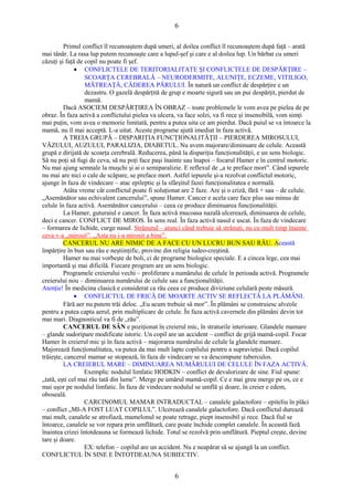 6 
Primul conflict îl recunoaştem după umeri, al doilea conflict îl recunoaştem după faţă – arată 
mai tânăr. La rasa lup putem recunoaşte care a lupul-şef şi care e al doilea lup. Un bărbat cu umeri 
căzuţi şi faţă de copil nu poate fi şef. 
· CONFLICTELE DE TERITORIALITATE ŞI CONFLICTELE DE DESPĂRŢIRE – 
SCOARŢA CEREBRALĂ – NEURODERMITE, ALUNIŢE, ECZEME, VITILIGO, 
MĂTREAŢĂ, CĂDEREA PĂRULUI. În natură un conflict de despărţire e un 
dezastru. O gazelă despărţită de grup e moarte sigură sau un pui despărţit, pierdut de 
mamă. 
Dacă ASOCIEM DESPĂRŢIREA ÎN OBRAZ – toate problemele le vom avea pe pielea de pe 
obraz. În faza activă a conflictului pielea va ulcera, va face solzi, va fi rece şi insensibilă, vom simţi 
mai puţin, vom avea o memorie limitată, pentru a putea uita ce am pierdut. Dacă puiul se va întoarce la 
mamă, nu îl mai acceptă. L-a uitat. Aceste programe ajută imediat în faza activă. 
A TREIA GRUPĂ – DISPARIŢIA FUNCŢIONALITĂŢII – PIERDEREA MIROSULUI, 
VĂZULUI, AUZULUI, PARALIZIA, DIABETUL. Nu avem majorare/diminuare de celule. Această 
grupă e dirijată de scoarţa cerebrală. Reducerea, până la dispariţia funcţionalităţii, e un sens biologic. 
Să nu poţi să fugi de ceva, să nu poţi face paşi înainte sau înapoi – focarul Hamer e în centrul motoric. 
Nu mai ajung semnale la muşchi şi ai o semiparalizie. E reflexul de „a te preface mort”. Când iepurele 
nu mai are nici o cale de scăpare, se preface mort. Astfel iepurele şi-a rezolvat conflictul motoric, 
ajunge în faza de vindecare – atac epileptic şi la sfârşitul fazei funcţionalitatea e normală. 
Atâta vreme cât conflictul poate fi soluţionat are 2 faze. Are şi o criză, fără + sau – de celule. 
„Asemănător sau echivalent cancerului”, spune Hamer. Cancer e acela care face plus sau minus de 
celule în faza activă. Asemănător cancerului – ceea ce produce diminuarea funcţionalităţii. 
La Hamer, guturaiul e cancer. În faza activă mucoasa nazală ulcerează, diminuarea de celule, 
deci e cancer. CONFLICT DE MIROS. În sens real. În faza activă nasul e uscat. În faza de vindecare 
– formarea de lichide, curge nasul. Strănutul – atunci când trebuie să strănuţi, nu cu mult timp înainte 
ceva v-a „mirosit”. „Asta nu i-a mirosit a bine”. 
CANCERUL NU ARE NIMIC DE A FACE CU UN LUCRU BUN SAU RĂU. Această 
împărţire în bun sau rău e neştiinţific, provine din religia iudeo-creştină. 
Hamer nu mai vorbeşte de boli, ci de programe biologice speciale. E a cincea lege, cea mai 
importantă şi mai dificilă. Fiecare program are un sens biologic. 
Programele creierului vechi – proliferare a numărului de celule în perioada activă. Programele 
creierului nou – diminuarea numărului de celule sau a funcţionalităţii. 
Atenţie! În medicina clasică e considerat ca rău ceea ce produce diviziune celulară peste măsură. 
· CONFLICTUL DE FRICĂ DE MOARTE ACTIV SE REFLECTĂ LA PLĂMÂNI. 
Fără aer nu putem trăi deloc. „Eu acum trebuie să mor”. În plămâni se construiesc alveole 
pentru a putea capta aerul, prin multiplicare de celule. În faza activă cavernele din plămâni devin tot 
mai mari. Diagnosticul va fi de „rău”. 
CANCERUL DE SÂN e poziţionat în creierul mic, în straturile interioare. Glandele mamare 
– glande sudoripare modificate istoric. Un copil are un accident – conflict de grijă mamă-copil. Focar 
Hamer în creierul mic şi în faza activă – majorarea numărului de celule la glandele mamare. 
Majorează funcţionalitatea, va putea da mai mult lapte copilului pentru a supravieţui. Dacă copilul 
trăieşte, cancerul mamar se stopează, în faza de vindecare se va descompune tuberculos. 
LA CREIERUL MARE – DIMINUAREA NUMĂRULUI DE CELULE ÎN FAZA ACTIVĂ. 
Exemplu: nodulul limfatic HODKIN – conflict de devalorizare de sine. Fiul spune: 
„tată, eşti cel mai rău tată din lume”. Merge pe umărul mamă-copil. Ce e mai greu merge pe os, ce e 
mai uşor pe nodulul limfatic. În faza de vindecare nodulul se umflă şi doare, în creier e edem, 
oboseală. 
CARCINOMUL MAMAR INTRADUCTAL – canalele galactofore – epiteliu în plăci 
– conflict „MI-A FOST LUAT COPILUL”. Ulcerează canalele galactofore. Dacă conflictul durează 
mai mult, canalele se atrofiază, mamelonul se poate retrage, piept insensibil şi rece. Dacă fiul se 
întoarce, canalele se vor repara prin umflătură, care poate închide complet canalele. În această fază 
înaintea crizei întotdeauna se formează lichide. Totul se rezolvă prin umflătură. Pieptul creşte, devine 
tare şi doare. 
EX: telefon – copilul are un accident. Nu e neapărat să se ajungă la un conflict. 
CONFLICTUL ÎN SINE E ÎNTOTDEAUNA SUBIECTIV. 
6 
 