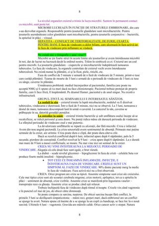 8 
La nivelul organelor creierul a trimis la lucru microbii. Suntem în permanent contact 
cu microbii, sunt peste tot. 
MICROBII LUCREAZĂ ÎN FUNCŢIE DE STRATURILE EMBRIONARE, din care 
s-au dezvoltat organele. Responsabile pentru ţesuturile glandulare sunt microbacteriile. Pentru 
ţesuturile asemănătoare celor glandulare sunt micobacteriile, pentru ţesuturile conjunctive – bacteriile, 
la epiteliul în plăci – virusul. 
HEPATITA – CONFLICT DE TERITORIALITATE, DE FURIE, CEARTA 
PENTRU BANI . E faza de vindecare a căilor biliare, care ulcerează în faza activă iar 
în faza de vindecare prin inflamare se vindecă. 
Nu există nici o fotografie a unui virus!!! 
Microbii se ţin foarte strict în aceste limite ale ţesuturilor şi avem întotdeauna microbii 
în noi, dar de lucrat nu lucrează decât la ordinul nostru. Trăim în simbioză cu ei. Creierul are un cod 
pentru microbi. La ţesuturile glandulare – ciupercile şi microbacteriile îndepărtează tumoarea 
tuberculos. La faza de vindecare, la organele controlate de creierul vechi avem întotdeauna 
tuberculoză. Nu există numai la plămâni, ci şi la ficat, piele, rinichi, etc. 
Faza de conflict de 5 minute e urmată de o fază de vindecare de 5 minute, printr-o tuse 
care curăţă plămânii. Teama de moarte de 3 luni e urmată de o perioadă de vindecare de 3 luni cu tuse 
cu sânge, caverne în plămâni. 
Următoarea problemă: mediul înconjurător al pacientului, familia care poate nu 
acceptă NMG şi îi spune că va muri dacă nu face chimioterapie. Pacientul trebuie protejat de propria 
familie, care îi face frică, îl înspăimântă. Pe drumul Hamer, pacientul e de unul singur. Nu există o 
infrastructură. 
GRUPUL-ŢINTĂ AL SEMINARULUI E INTERESATUL SĂNĂTOS. 
La noduli la sân – creierul trimite la luptă micobacteriile, nodulul va fi dizolvat 
tuberculos, vindecarea e dureroasă. Într-o fază de 5 minute, nici nu se observă. La 3 luni, tumoarea e 
destul de mare, tumoarea descompusă lasă în urmă o cavernă. La cancerul la sân, caverna se 
prăbuşeşte în ea, datorită greutăţii pereţilor. 
La osteolize la umăr – creierul trimite bacteriile şi sub umflătura osului începe să se 
recalcifieze, se ridică periostul şi asta doare. Nu puteţi ridica mâna cât durează perioada de vindecare. 
La sfârşitul perioadei de vindecare osul e mai puternic. 
La devalorizare umflăturile se repară cu ulceraţii, dar fără microbi. Criza e infarctul. 
Avem din nou angină pectorală. La criza senzorială avem sentimentul de absenţă. Primeşte mai puţine 
semnale de la creier, are aritmie. Criza poate dura o clipă, dar poate dura câteva zile. 
Dacă se rezolvă conflictul după 6 luni, infarctul apare după 4 săptămâni, puls la 5 
secunde, pierdere de cunoştinţă. Conflict rezolvat la 9 luni – criza apare după 6 săptămâni. La o durată 
mai mare de 9 luni a masei conflictuale, se moare. Nu mai vine nici un semnal de la creier. 
CRIZA NU VINE INTOTDEAUNA LA MIJLOCUL PERIOADEI DE 
VINDECARE. Alegaţia că cele două faze sunt egale, e brut văzută. 
La diabet – scade nivelul glicemiei – hipoglicemie în faza de criză – celulele beta vor 
produce foarte multă insulină – hiperglicemie. 
· TOT CEEE CE ÎNSEAMNĂ INFLAMAŢIE, INFECŢIE, E 
ÎNTOTDEAUNA FAZA DE VINDECARE. CRIZELE SUNT UN 
SIMPTOM AL FAZEI DE VINDECARE. 90% dintre pacienţi merg la medic 
în faza de vindecare. Faza activă nici nu a fost observată. 
CRIZA. Orice program are criza sa tipică. Anumite simptome sunt crize ale creierului. 
Cele mai tipice crize sunt ale scoarţei cerebrale:migrene, crize motorii, epileptice, tot ce e epiteliu în 
plăci – sentiment de absenţă, crize vizibile. Anumite crize se manifestă prin îngustarea vaselor – 
transpiraţie rece ca gheaţa. Anumite crize se produc când eşti relaxat. 
Trebuie închipuită faza de vindecare după ritmul zi/noapte. Crizele vin când vagotonia 
e în punctul cel mai de jos, de obicei către dimineaţă. 
Se poate compara cu sarcina, naşterea. De obicei sarcina începe fără conflict, în 
primele 3 luni se desfăşoară simpaticotonic – mâini reci, greţuri mari, dacă embrionul are un conflict 
se ajunge la avort. Natura spune că înainte de a se ajunge la un copil cu handicap, se face loc la o nouă 
sarcină. Ultimele 6 luni – vagotonie. Gravida are mâinile calde. Orice cancer activ e stopat. Natura 
8 
 