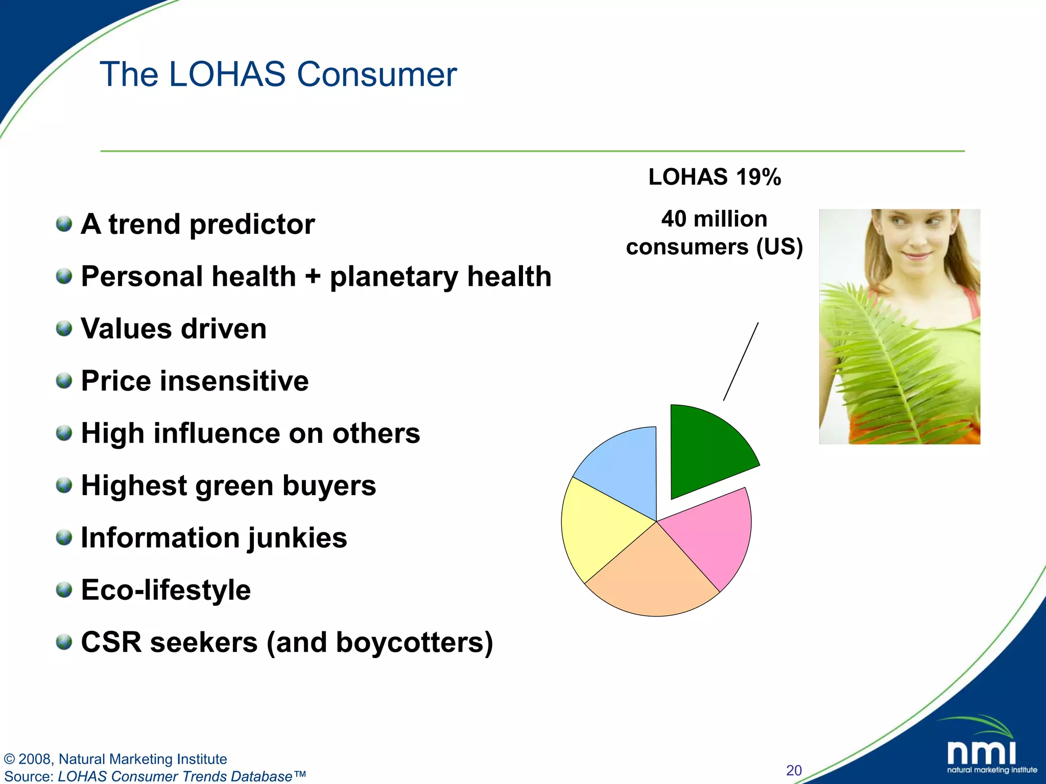 The LOHAS Consumer

                                               LOHAS 19%

         A trend predictor                       40 million
                                              consumers (US)
         Personal health + planetary health
         Values driven
         Price insensitive
         High influence on others
         Highest green buyers
         Information junkies
         Eco-lifestyle
         CSR seekers (and boycotters)


© 2008, Natural Marketing Institute
Source: LOHAS Consumer Trends Database™                    20
 