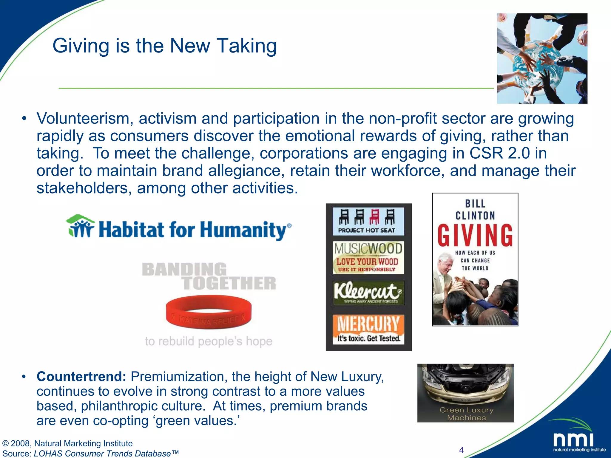 Giving is the New Taking


    • Volunteerism, activism and participation in the non-profit sector are growing
      rapidly as consumers discover the emotional rewards of giving, rather than
      taking. To meet the challenge, corporations are engaging in CSR 2.0 in
      order to maintain brand allegiance, retain their workforce, and manage their
      stakeholders, among other activities.




    • Countertrend: Premiumization, the height of New Luxury,
      continues to evolve in strong contrast to a more values
      based, philanthropic culture. At times, premium brands
      are even co-opting ‘green values.’
© 2008, Natural Marketing Institute
Source: LOHAS Consumer Trends Database™                           4
 