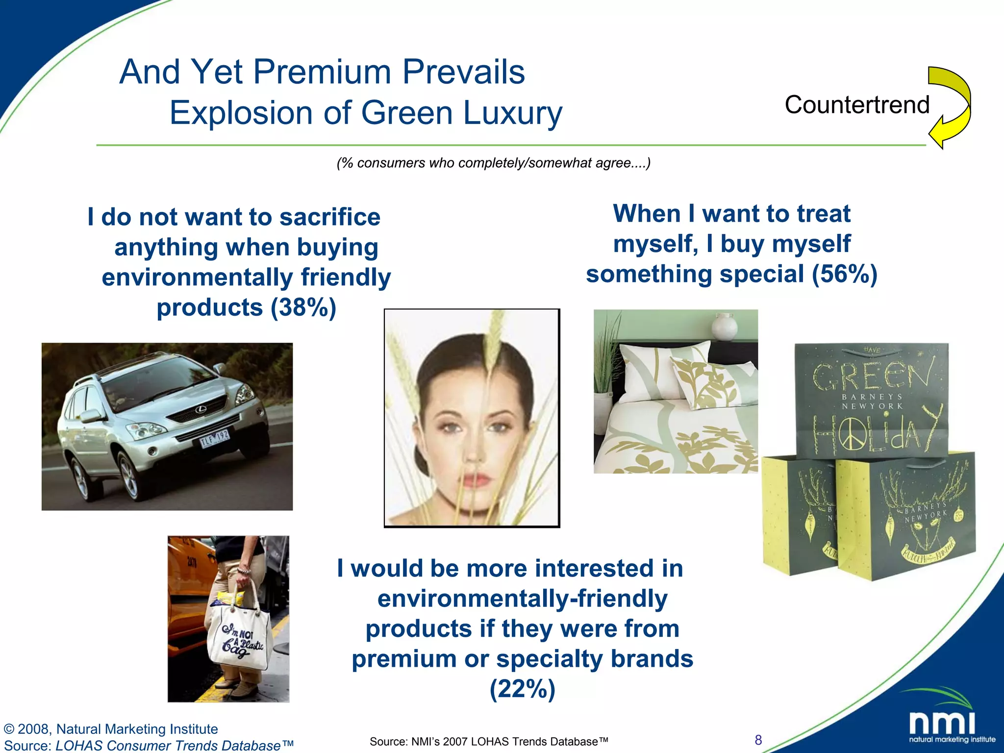 And Yet Premium Prevails
                 Explosion of Green Luxury                                                          Countertrend

                                          (% consumers who completely/somewhat agree....)



           I do not want to sacrifice                                                When I want to treat
              anything when buying                                                   myself, I buy myself
             environmentally friendly                                              something special (56%)
                  products (38%)




                                          I would be more interested in
                                              environmentally-friendly
                                             products if they were from
                                            premium or specialty brands
                                                       (22%)
© 2008, Natural Marketing Institute
Source: LOHAS Consumer Trends Database™        Source: NMI’s 2007 LOHAS Trends Database™        8
 