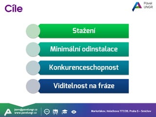Markeťákov, Holečkova 777/39, Praha 5 – Smíchov
jsem@pavelungr.cz
www.pavelungr.cz
Stažení
Minimální odinstalace
Konkurenceschopnost
Viditelnost na fráze
 