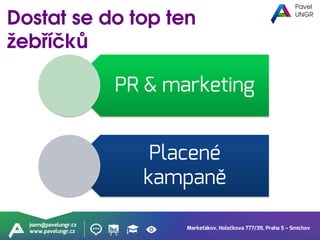 Markeťákov, Holečkova 777/39, Praha 5 – Smíchov
jsem@pavelungr.cz
www.pavelungr.cz
PR & marketing
Placené
kampaně
 