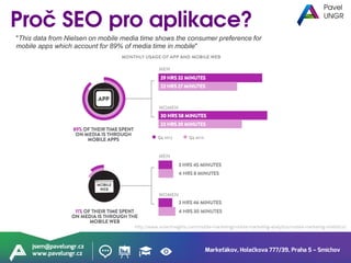 Markeťákov, Holečkova 777/39, Praha 5 – Smíchov
jsem@pavelungr.cz
www.pavelungr.cz
http://www.smartinsights.com/mobile-marketing/mobile-marketing-analytics/mobile-marketing-statistics/
"This data from Nielsen on mobile media time shows the consumer preference for
mobile apps which account for 89% of media time in mobile"
 