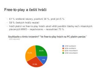 Free-to-play a čeští hráči
- 61 % smíšené názory, pozitivní 34 %, proti jen 5 %
- 58 % českých hráčů neplatí
- hráči platící ve free-to-play hrách utratí větší peněžní částky než v klasických
placených MMO – nepotvrzeno – nesouhlasí 73 %
 