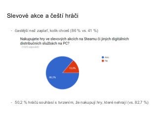 Slevové akce a čeští hráči
- častější než zaplať, kolik chceš (86 % vs. 41 %)
- 50,2 % hráčů souhlasí s tvrzením, že nakupují hry, které nehrají (vs. 82,7 %)
 