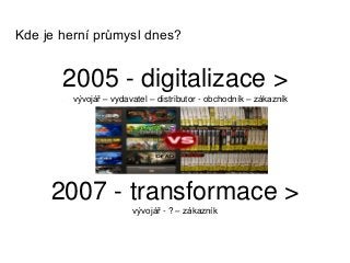 Kde je herní průmysl dnes?
2005 - digitalizace >
- vývojář – vydavatel – distributor - obchodník – zákazník
2007 - transformace >
vývojář - ? – zákazník
 