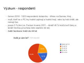 Výzkum - respondenti
- červen 2016 - 1023 respondentů dotazníku - šířeno na Games, Hrej…
- muži, kteří se o PC hry hodně zajímají a hodně hrají, nebo by hrát chtěli, ale
nemají čas
- pouze 5 % žen (vs. Factum Invenio 2011 – téměř 40 % hráčů tvoří ženy a
téměř čtvrtina je tvořena lidmi staršími 44 let)
- čeští hardcore hráči do 44 let
 