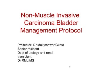 Non-Muscle Invasive
Carcinoma Bladder
Management Protocol
Presenter- Dr Mukteshwar Gupta
Senior resident
Dept of urology and renal
transplant
Dr RMLIMS
1
 