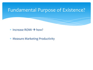 Increase ROMI  how?
Measure Marketing Productivity
Fundamental Purpose of Existence?
 