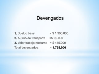 Devengados
1. Sueldo base = $ 1.300.000
2. Auxilio de transporte =$ 00.000
3. Valor trabajo nocturno = $ 455.000
Total devengados = 1.755.000
 