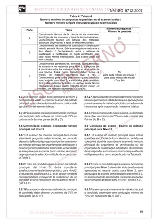 NM ISO 9712:2007
19
Tabla 4 / Tabela 4
Número mínimo de preguntas requeridas en el examen básico /
Número mínimo exigido de questões para o exame básico
Parte Tema
Número de preguntas /
Número de questões
A
Conocimiento técnico de la ciencia de los materiales,
tecnología de los procesos y tipos de discontinuidades /
Conhecimento técnico em ciências dos materiais,
tecnologia do processo e tipos de descontinuidades.
25
B
Conocimientos del sistema de calificación y certificación
basado en esta Norma. Este examen puede realizarse a
libro abierto. / Conhecimento sobre o sistema de
qualificação e certificação do órgão certificador com
base nesta Norma Internacional. Este exame pode ser
com consulta.
10
C
Conocimientos generales de, al menos, cuatro métodos,
de acuerdo a los requisitos para Nivel 2, y elegidos por
el candidato entre los métodos dados en el alcance de
esta Norma. Estos cuatro métodos deben incluir, al
menos, un método volumétrico (US o RI). /
Conhecimento geral sobre pelo menos quatro métodos,
como exigido para nível 2, e escolhidos pelo candidato
dentro dos métodos incluídos no escopo desta Norma
Internacional. Esses quatro métodos devem incluir, no
mínimo, um método volumétrico (US ou ER).
15
para cada método de ensayo /
para cada método de ensaio
(Total 60)
8.7.2 El examen básico debe aprobarse primero y
permaneceráválido,sielprimerexamendelmétodo
principal,esaprobadodentrodeloscincoañosdela
aprobación del examen básico.
8.7.3 Para aprobar el examen del método principal,
un candidato debe obtener un mínimo de 70% en
cada una de las tres partes (A, B y C).
8.8 Contenido del examen - Examen del método
principal del Nivel 3
8.8.1 El examen del método principal debe incluir
solamente preguntas seleccionadas, en un modo
aleatorio,dellistadodepreguntasvigentesdeexamen
delmétodoprincipaldelorganismodecertificacióno
deunorganismocalificadorautorizado.Alcandidato
selerequierequeresponda,comomínimo,alnúmero
de preguntas de selección múltiple, de acuerdo con
la Tabla 5.
8.8.2Todosloscandidatosparaexamendelmétodo
principal del Nivel 3, debe completar
satisfactoriamente el examen práctico para Nivel 2,
evaluado de acuerdo a 8.5.3, en el sector y método
correspondiente, incluyendo la realización de un
borrador de una instrucción escrita para el Nivel 1
(ver8.4.9).
8.8.3 Para aprobar el examen del método principal,
el candidato debe obtener un mínimo de 70% en
cada parte (D, E o F).
8.7.2Aaprovaçãodeveserobtidaprimeironoexame
básicoepermaneceválidadesdequeaaprovaçãono
primeiroexamedemétodoprincipalocorradentrode
cinco anos após a aprovação no exame básico.
8.7.3 Para ser aprovado nesse exame, o candidato
deveobterummínimode70%emcadaumadastrês
Partes (A, B e C).
8.8 Conteúdo do exame - Exame de método
principal para Nível 3
8.8.1 O exame do método principal deve incluir
questõesescolhidasdeformaaleatória,contidasna
coletânea atual de questões de exame do método
principal do organismo de certificação ou do
organismo de qualificação autorizado. O candidato
deveresponderaumnúmeromínimodequestõesde
múltipla escolha, como especificado na Tabela 5.
8.8.2Todososcandidatosparaoexamedemétodo
principal para Nível 3 devem ter sido devidamente
aprovados no exame prático para Nível 2, com
pontuação de acordo com o estabelecido em 8.5.3,
no setor e método apropriados, incluindo a redação
das instruções práticas para o Nível 1 (vide 8.4.9).
8.8.3Paraseraprovadonoexamedemétodoprincipal
o candidato deve obter uma pontuação minima de
70% em cada parte (D, E ou F).
 