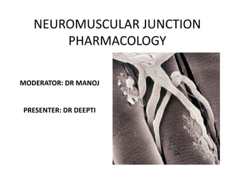 NEUROMUSCULAR JUNCTION
PHARMACOLOGY
MODERATOR: DR MANOJ
PRESENTER: DR DEEPTI
 