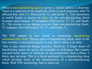 When a non-depolarizing agent is given, a typical pattern is observed.
There is a reduction in the amplitude of the evoked responses, with T4
affected first, then T3, followed by T2, and finally T1. This decrement
in twitch height is known as fade. As the non-depolarizing block
becomes more intense, T4 disappears followed by T3, T2, and finally
T1. The reverse is true during recovery from non-depolarizing block:
T1 reappears first followed by T2, T3, and finally, T4 .
The TOF pattern is less useful in monitoring depolarizing
neuromuscular block. During onset of depolarizing block, each of the
four twitches is decreased equally in size, that is, there is no fade.
This is also observed during recovery. However, if larger doses of
depolarizing agent are given, for example in techniques that require
repeated bolus doses or infusions of succinylcholine, then a Phase 2
block may develop. This is a block produced by a depolarizing drug
which develops some of the characteristics of a non-depolarizing
block. With TOF monitoring, fade is observed.
 