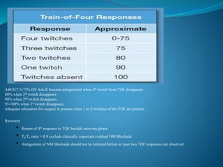 ABOUT 0-75% OF Ach R become antagonized when 4th twitch from TOF disappears.
80% when 3rd twitch disappears.
90% when 2nd twitch disappears.
95-100% when 1st twitch disappears.
Adequate relaxation for surgery is present when 1 to 2 twitches of the TOF are present.
Recovery
• Return of 4th response to TOF heralds recovery phase
• T4/T1 ratio > 0.9 exclude clinically important residual NM Blockade
• Antagonism of NM Blockade should not be initiated before at least two TOF responses are observed
 