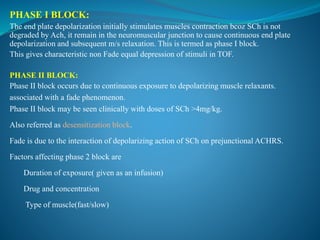 PHASE I BLOCK:
The end plate depolarization initially stimulates muscles contraction bcoz SCh is not
degraded by Ach, it remain in the neuromuscular junction to cause continuous end plate
depolarization and subsequent m/s relaxation. This is termed as phase I block.
This gives characteristic non Fade equal depression of stimuli in TOF.
PHASE II BLOCK:
Phase II block occurs due to continuous exposure to depolarizing muscle relaxants.
associated with a fade phenomenon.
Phase II block may be seen clinically with doses of SCh >4mg/kg.
Also referred as desensitization block.
Fade is due to the interaction of depolarizing action of SCh on prejunctional ACHRS.
Factors affecting phase 2 block are
Duration of exposure( given as an infusion)
Drug and concentration
Type of muscle(fast/slow)
 