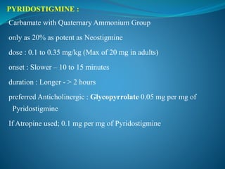PYRIDOSTIGMINE :
Carbamate with Quaternary Ammonium Group
only as 20% as potent as Neostigmine
dose : 0.1 to 0.35 mg/kg (Max of 20 mg in adults)
onset : Slower – 10 to 15 minutes
duration : Longer - > 2 hours
preferred Anticholinergic : Glycopyrrolate 0.05 mg per mg of
Pyridostigmine
If Atropine used; 0.1 mg per mg of Pyridostigmine
 